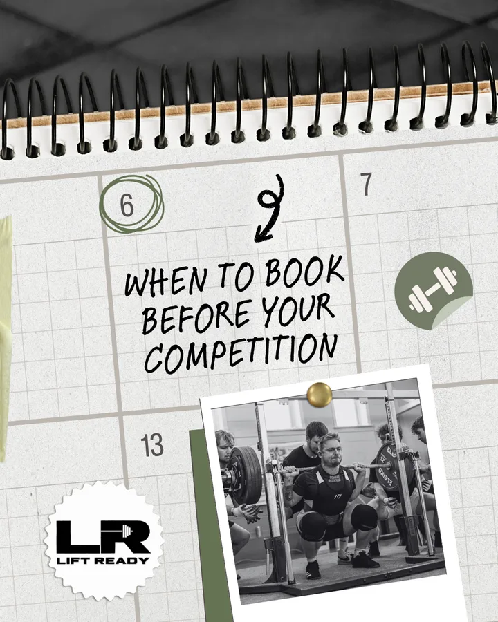 Lift Ready post: When to book before your competition, styled as a calendar page with a pinned photo.