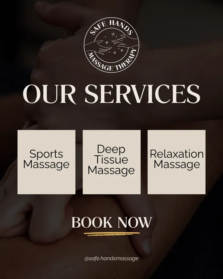 Safe Hands post: Our Services, three tiles for sports, deep tissue and relaxation massage.