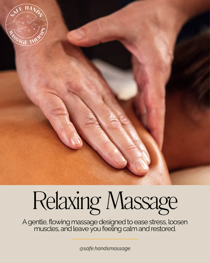 Safe Hands post: Relaxing Massage, hands working on a back, with a short description.