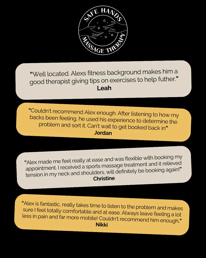 Safe Hands post: four short client reviews in gold and stone bubbles.