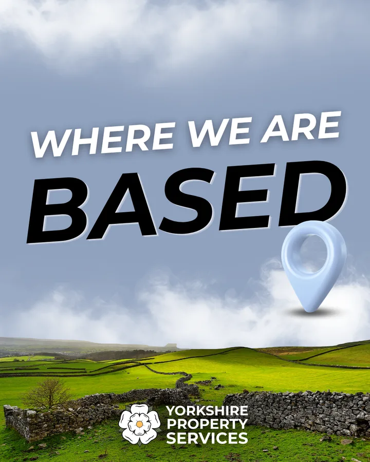 Yorkshire Property Services post: Where we are based, a map pin over Yorkshire hills.