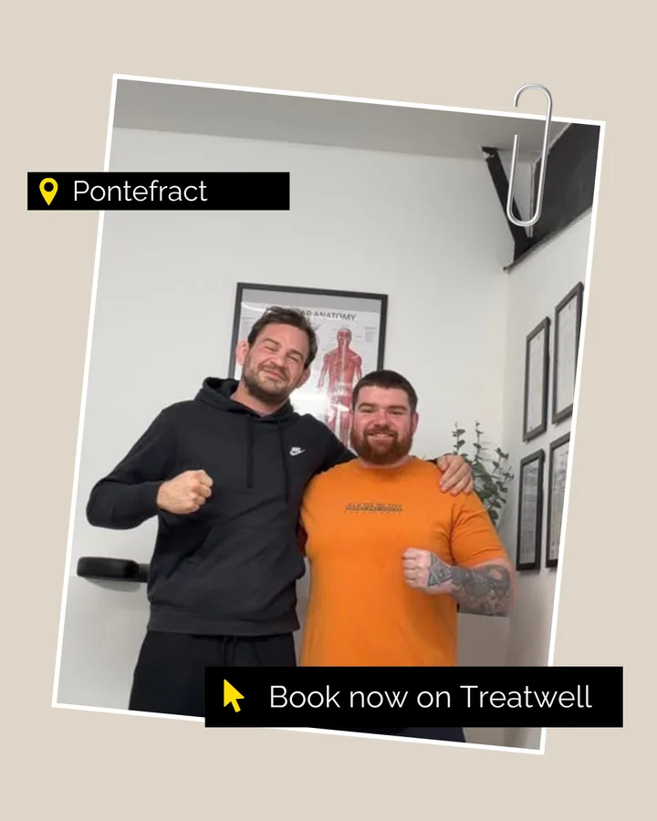 Safe Hands post: the therapist with a client, pinned in Pontefract, with a Book now on Treatwell label.