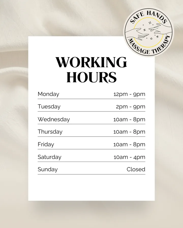 Safe Hands post: working hours for each day of the week on a white card.
