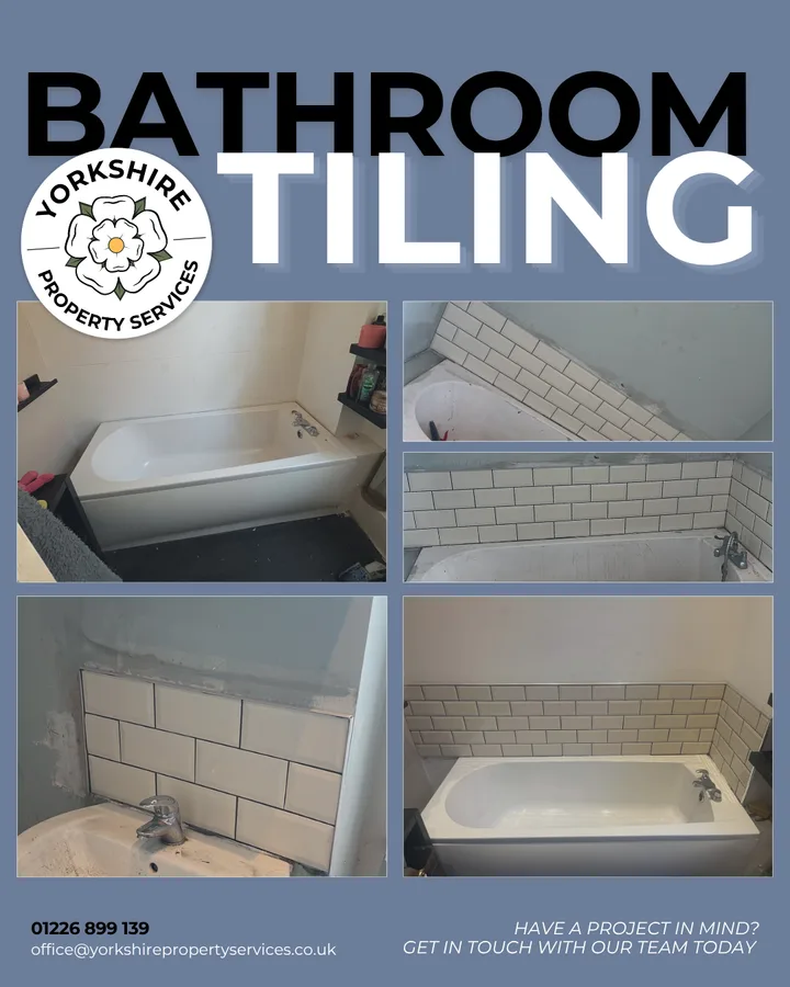 Yorkshire Property Services post: Bathroom tiling, four photographs of white brick tiles around a bath.