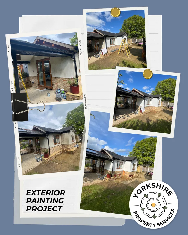 Yorkshire Property Services post: Exterior painting project, five pinned photographs of a bungalow.