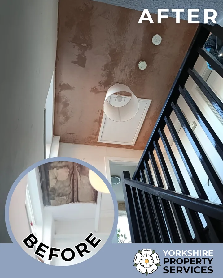 Yorkshire Property Services post: a landing ceiling after plastering, with the before in a circle.