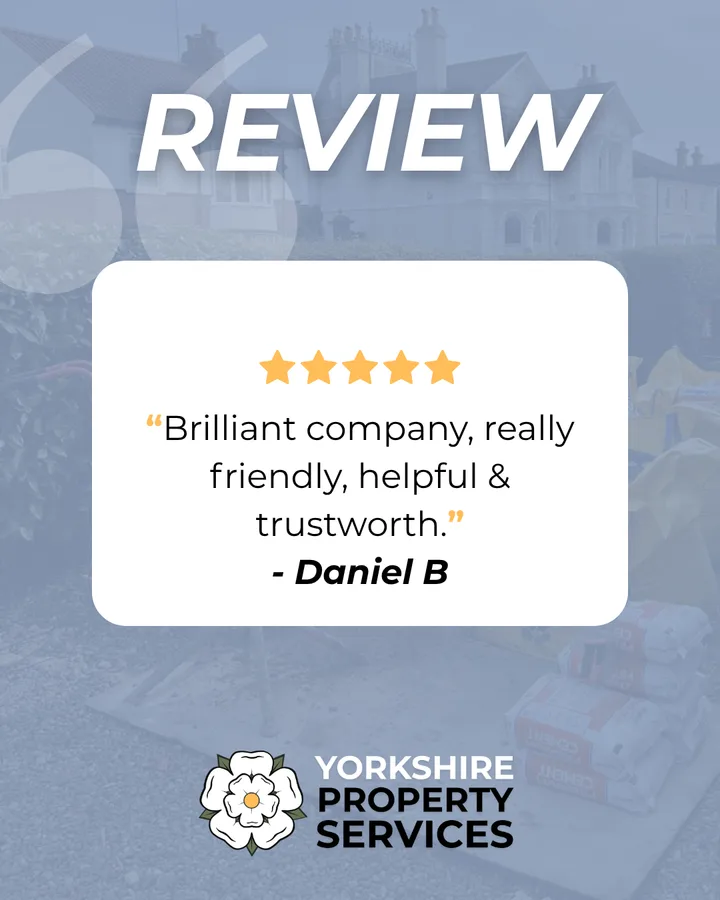 Yorkshire Property Services post: a five-star review from Daniel B on a white card.